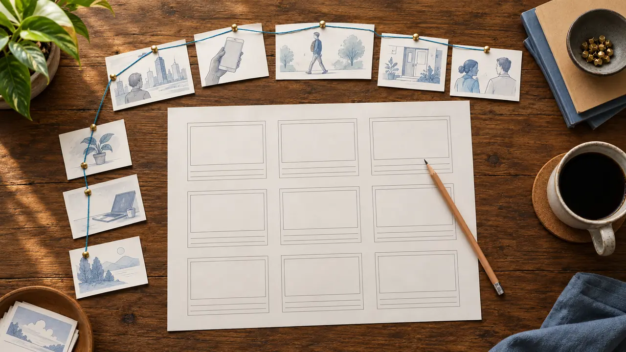 Worked example: a 60-second explainer script — physical blank storyboard cards connected by colored thread.