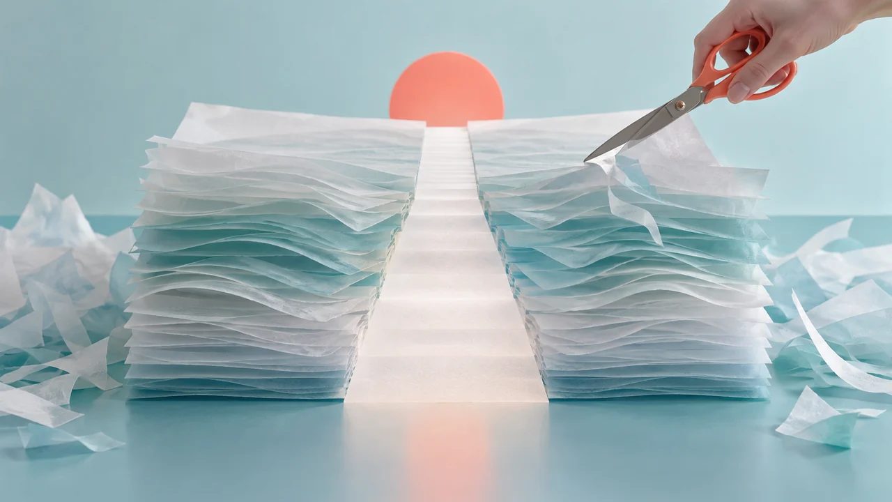 Match narration to visual pacing — translucent paper layers cut down to one clear path.