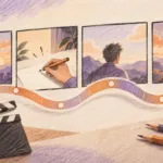 Colored-pencil storyboard panels and timing ribbon illustrating explainer-script planning.