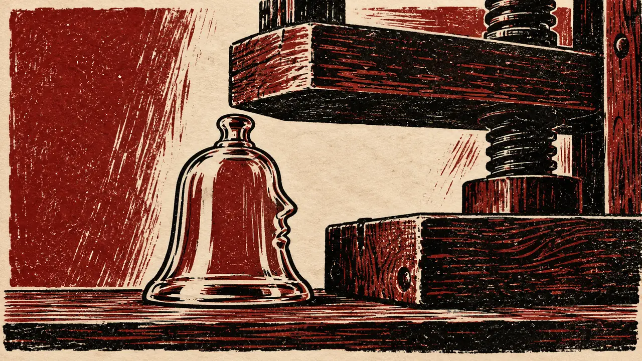 A practical workflow to normalize voiceover audio — linocut of a fragile glass voice form protected from a wooden press.
