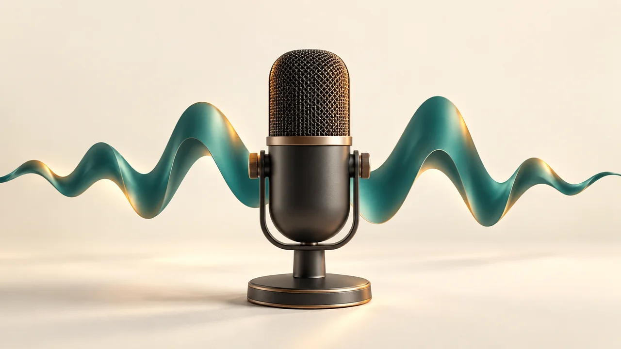 Studio microphone with a smooth teal waveform symbolizing clear audio without distortion.