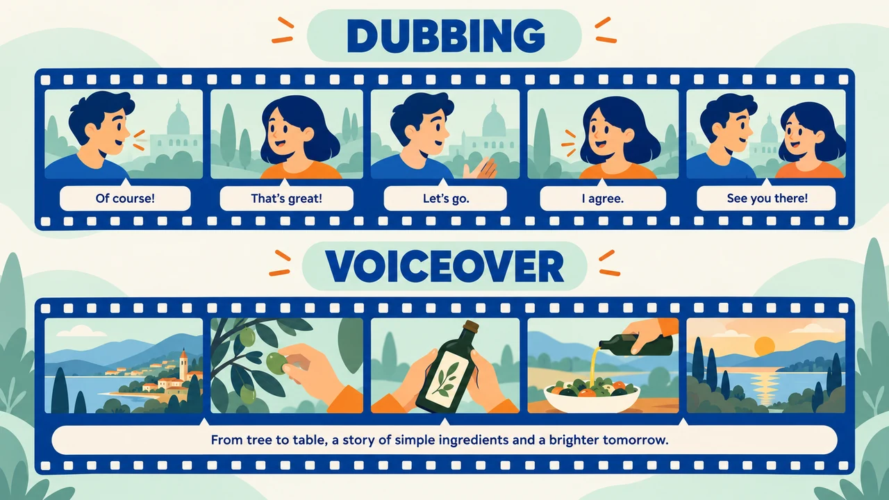 Dubbing vs voice over at a glance: dialogue follows visible speakers while narration spans a sequence of visuals.