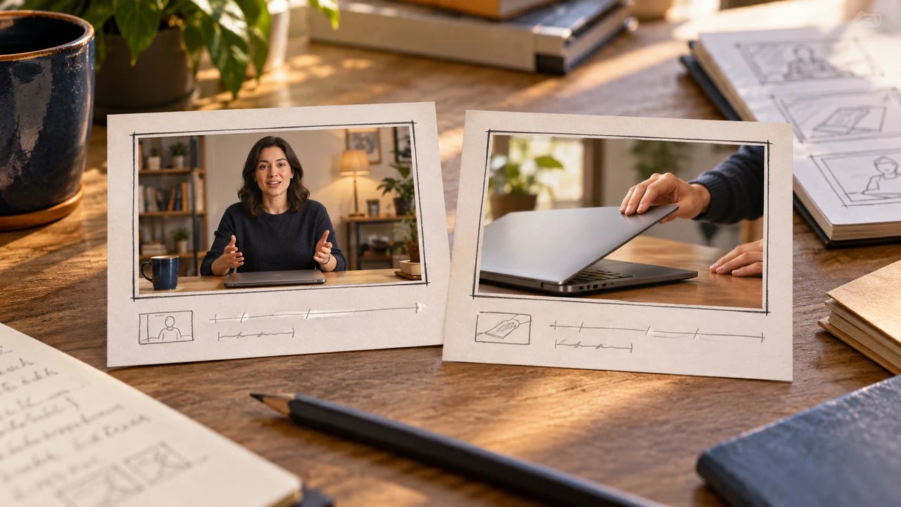 The same scene: dubbing and voice over compared through a presenter shot and a laptop demonstration storyboard.