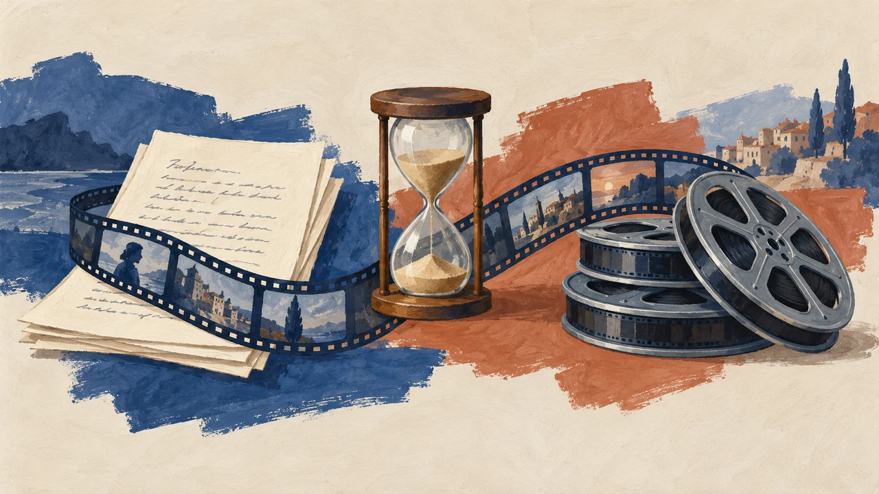 Planning your script and audio workflow: a script, hourglass and film reels represent preparation, timing and delivery.