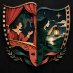 Dubbing vs voice over: a paper theater pairs a speaking performer with a narrator guiding the story.