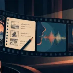 Audio Description for Creators: A Script and Narration Workflow — Paper-cut film frames connect visual details, script notes, narration, and a listener.