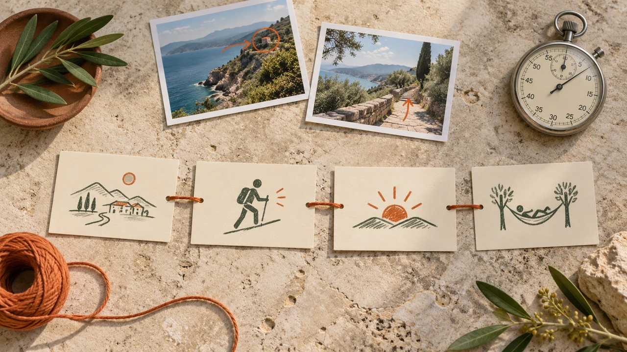 Build a description map before drafting — An overhead arrangement of scene cards, connecting string, and a stopwatch maps visual events to narration time.