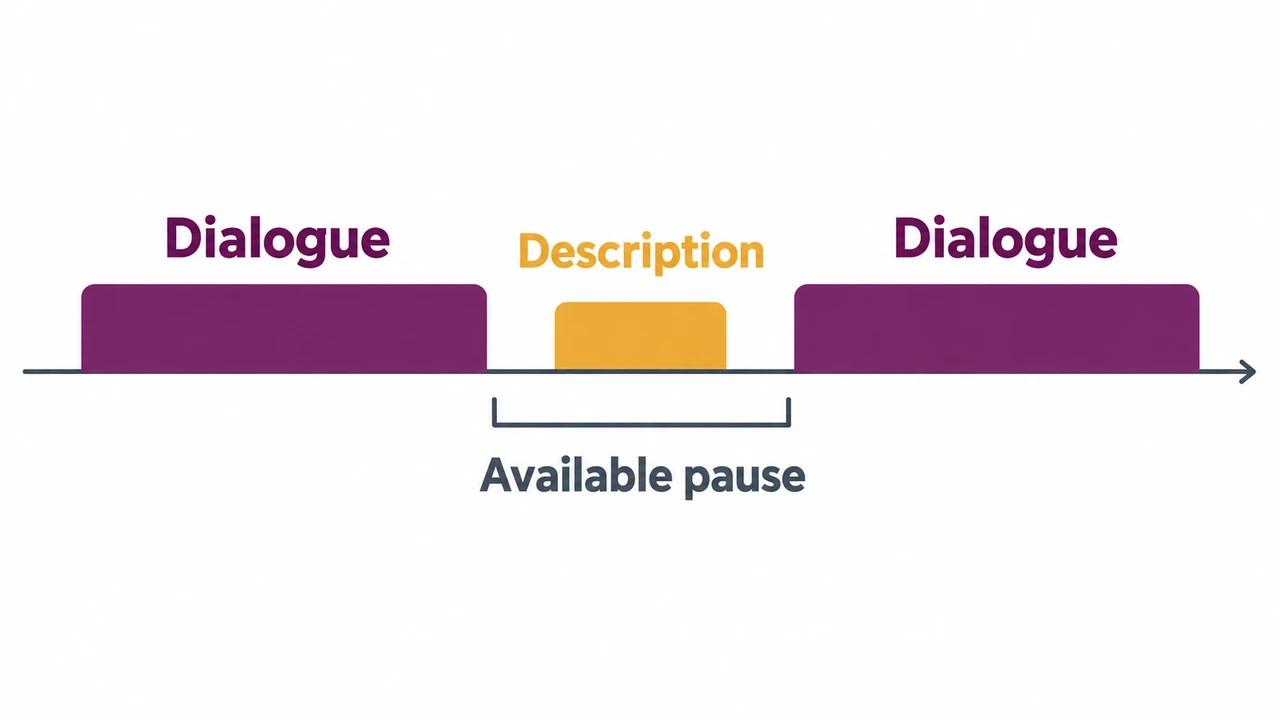 Write an audio description script that fits the pause — A compact amber description segment fits between two plum dialogue blocks.