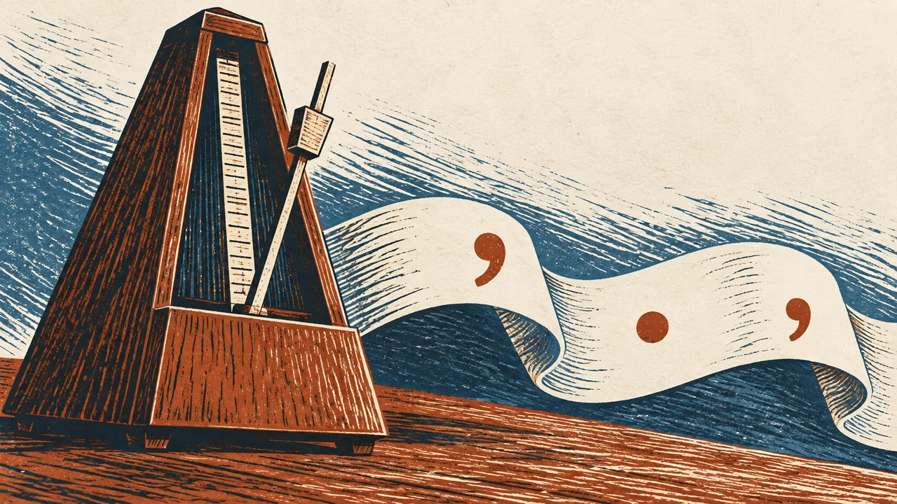 Record narration with timing in mind — A metronome stands beside a curved paper ribbon marked with punctuation.