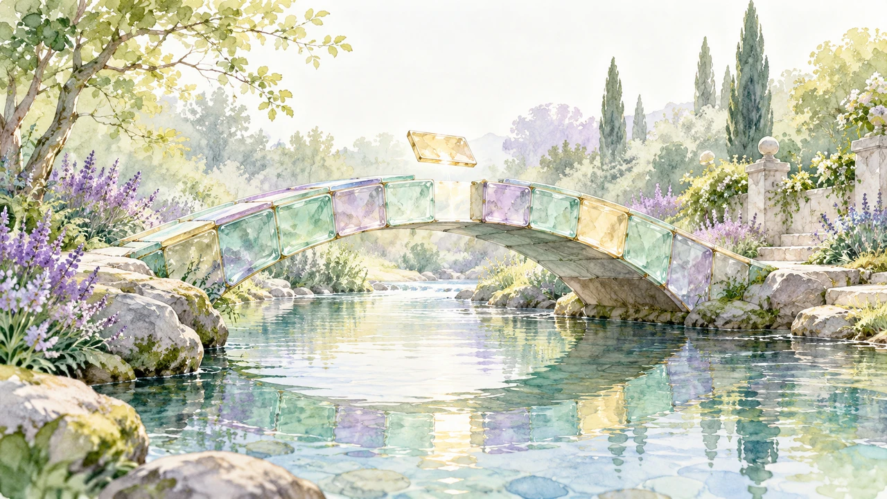 Mix and review the described version — A translucent missing tile completes a garden bridge, suggesting information restored through description.