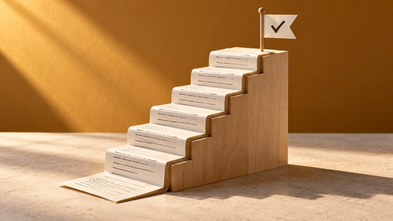 Training Video Script: An Instructional Template — A staircase made from script pages leads to a checked goal.