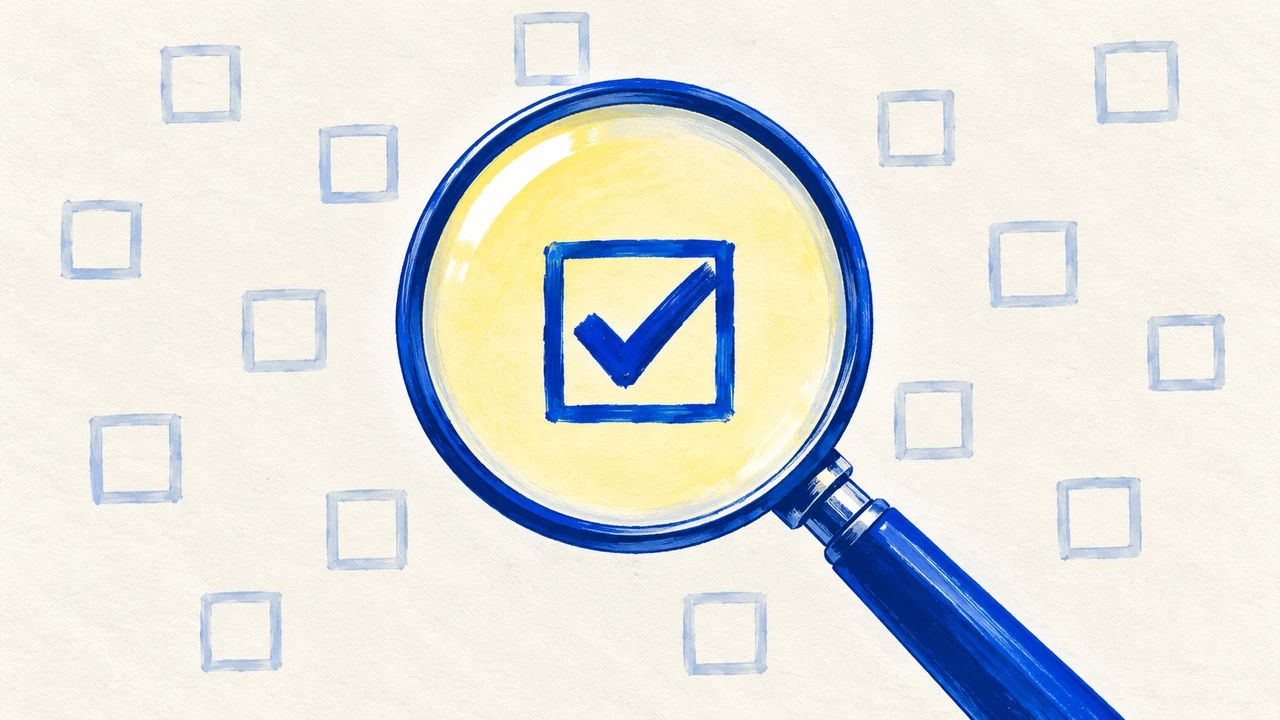 Start with one measurable learning objective — A magnifying glass isolates one checked objective.