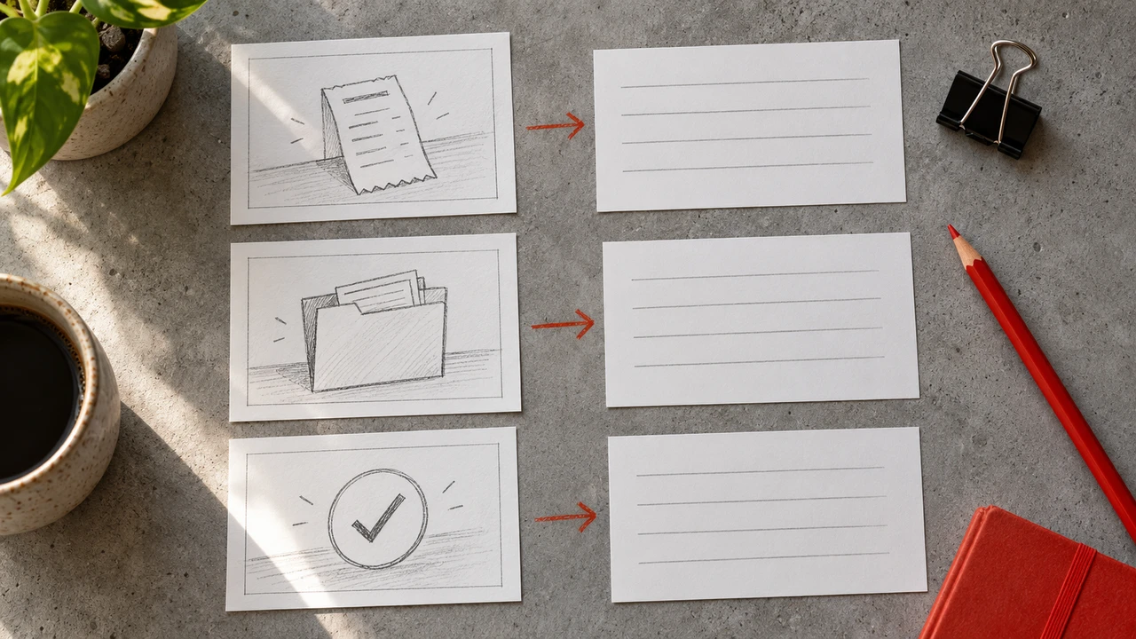 Training video script template — Storyboard cards pair a receipt, folder and check with narration lines.