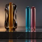 Mono vs Stereo for Voiceovers: Recording and Export Decisions — One amber glass rod contrasts with two distinct cyan and rose rods.