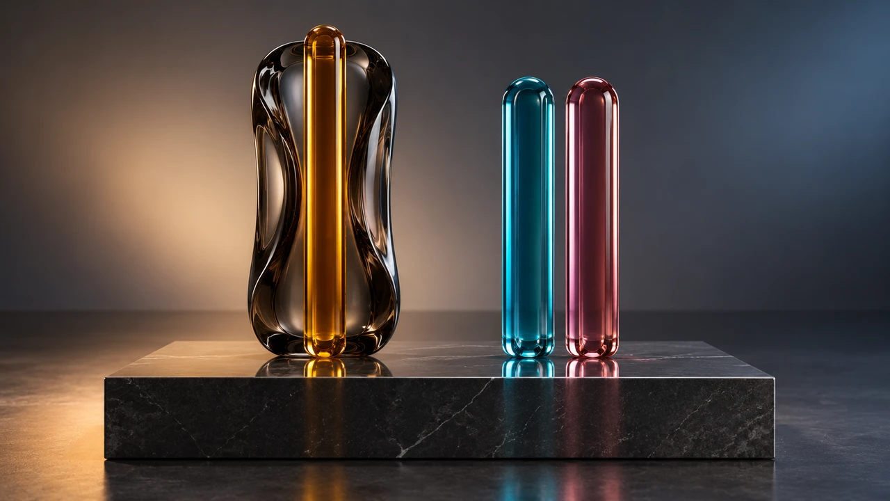 Mono vs Stereo for Voiceovers: Recording and Export Decisions — One amber glass rod contrasts with two distinct cyan and rose rods.