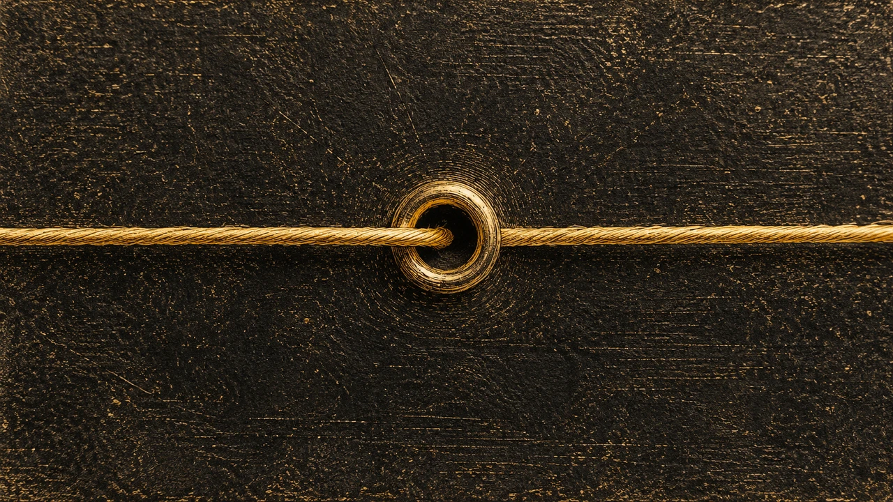 Why mono is usually the best choice for voiceovers — A single gold thread passes through one eyelet, a metaphor for one channel.