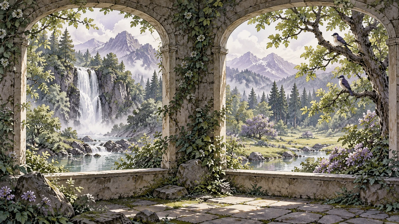 When stereo voiceovers can make sense — Two windows frame different spatial details of a landscape.