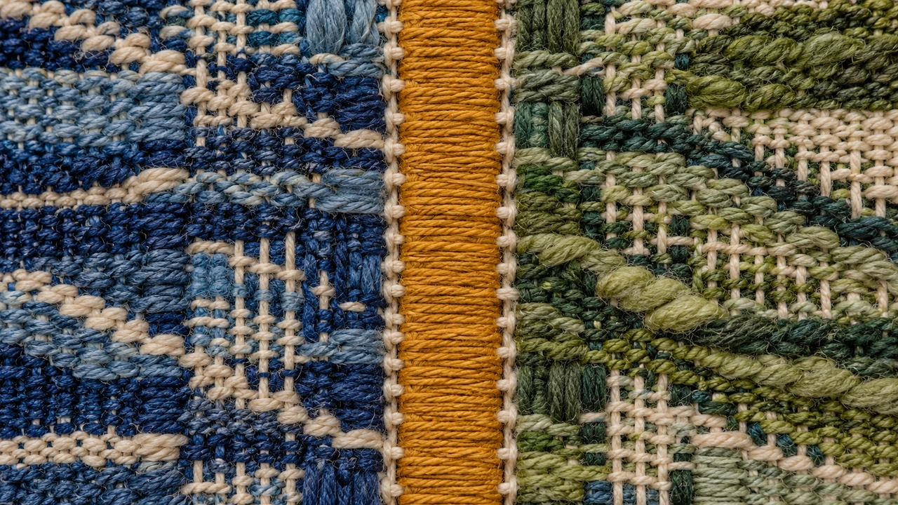 How to use mono narration in a stereo video project — A centered ochre strand sits within wider blue and green woven borders.