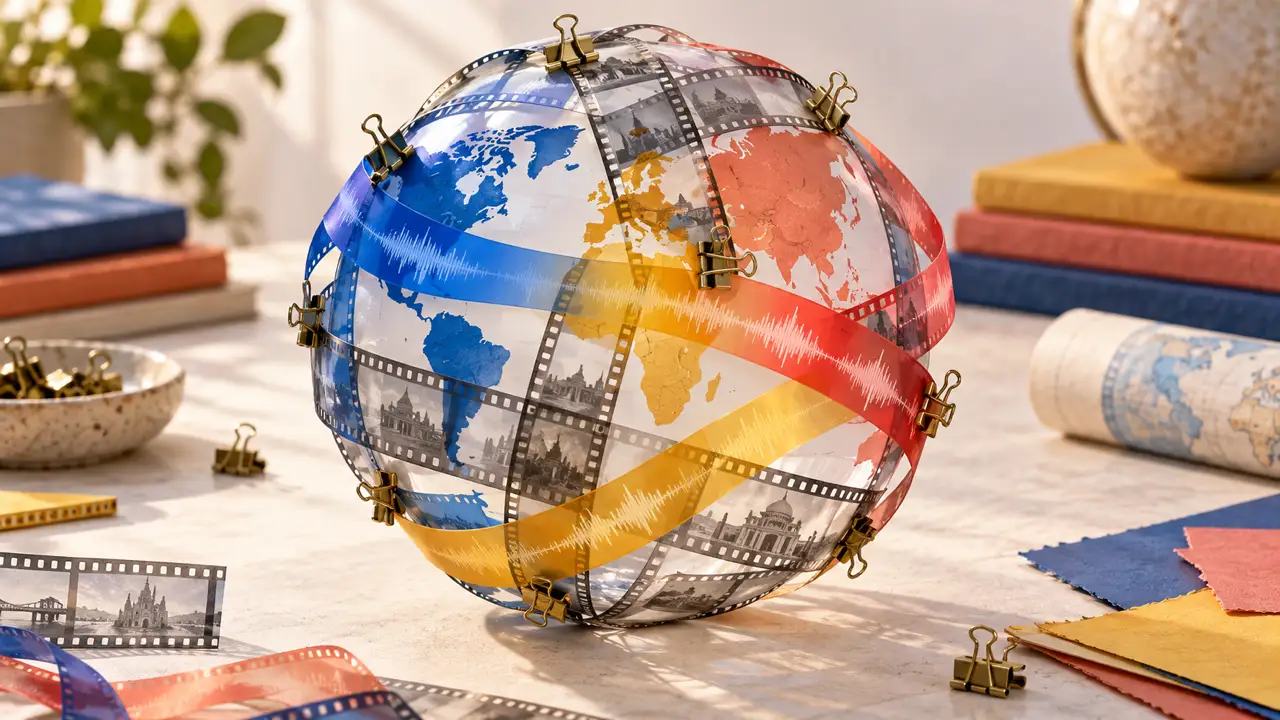 YouTube Auto Dubbing: Setup, Review, and When to Use a Manual Track — A globe assembled from film strips and colored audio ribbons, held together with brass clips, represents careful video localization.