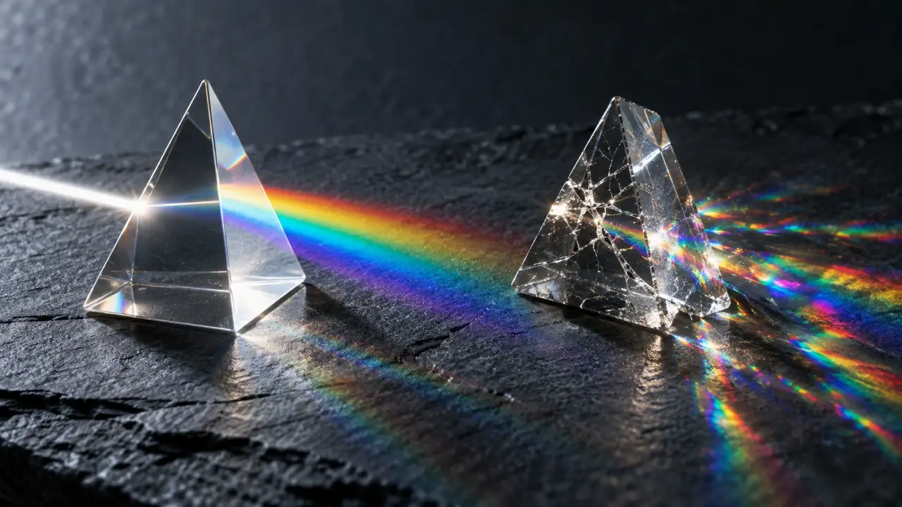 Pick a sensible first video — A clear prism produces an orderly rainbow while a cracked prism scatters light, visualizing clean source material versus noisy input.