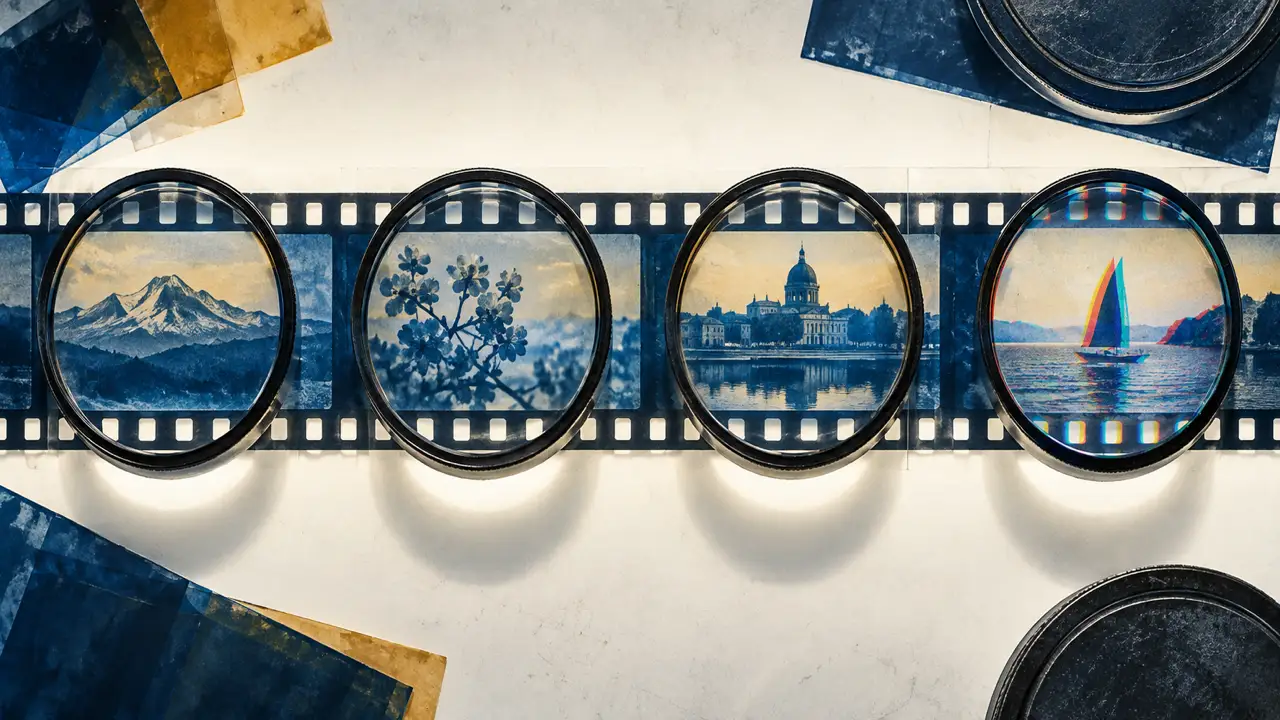 Build a repeatable review checklist — Four inspection lenses examine a film strip; one reveals an offset image, representing review of timing and context.