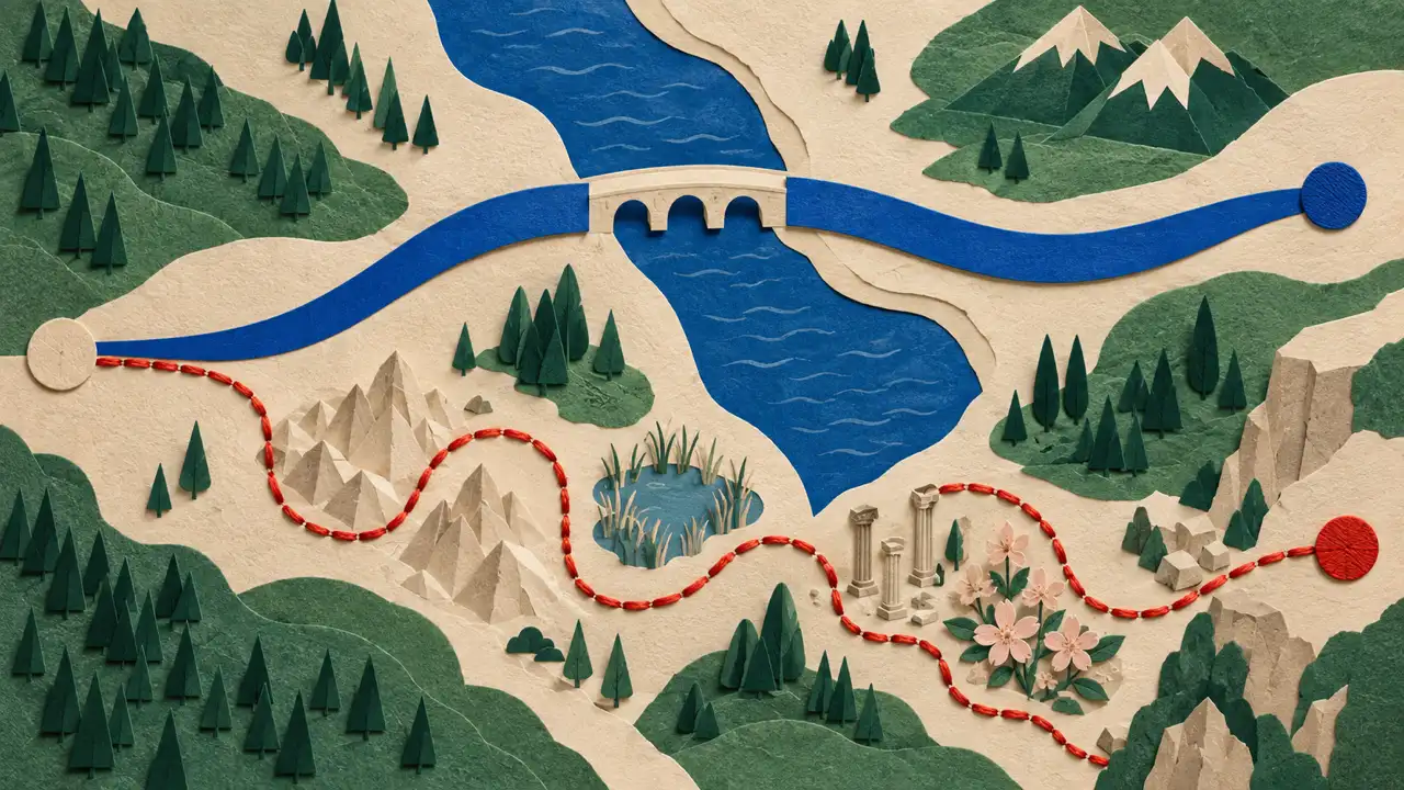 Auto dubbing versus manual dubbing: a simple decision guide — A blue ribbon and a hand-stitched red route take different paths across a paper landscape, showing when localization needs extra care.