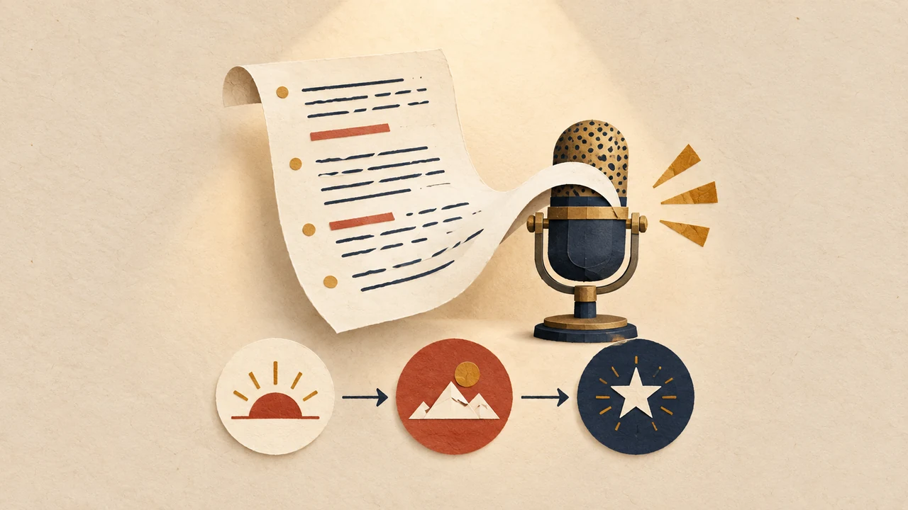 How to Write a Voice Over Script: An Annotated Example — A voiceover script page flows into a microphone above three visual beats, representing an annotated voiceover structure.