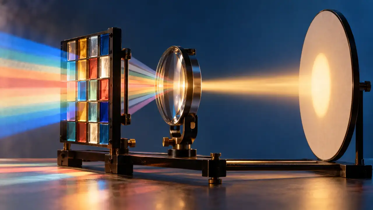 Write for the ear, not the page — Colored light passes through many small panes and focuses into one warm beam on a blank target, representing one clear message for an audience.