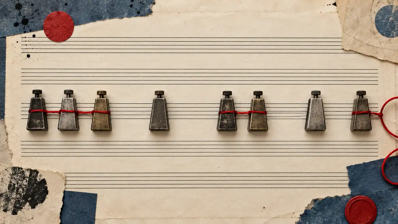 The revised 60-second script, with annotations — Metronome weights and a red thread form intentional clusters and gaps across blank ruled paper, representing voiceover pacing.