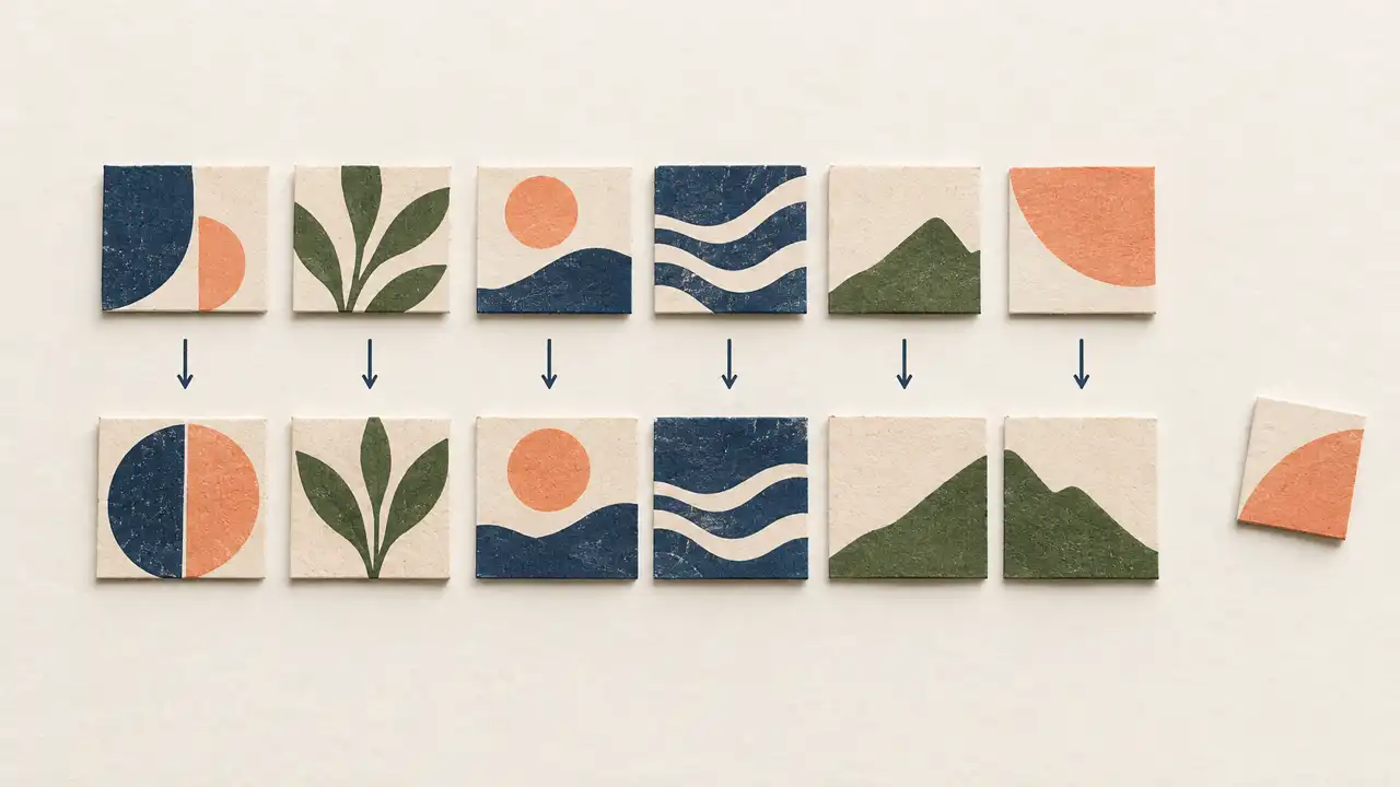 Match the script to the visuals — Two rows of paper tiles align into matching abstract scenes, representing a voiceover script matched to visuals.