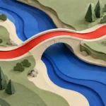 Audio Ducking: Keep Narration Clear Over Background Music — A blue river passes beneath a bridge as a red river crosses above, visualizing audio ducking.