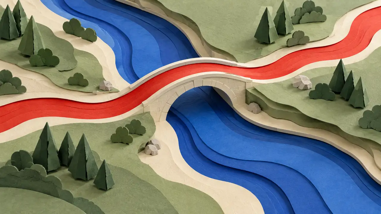 Audio Ducking: Keep Narration Clear Over Background Music — A blue river passes beneath a bridge as a red river crosses above, visualizing audio ducking.