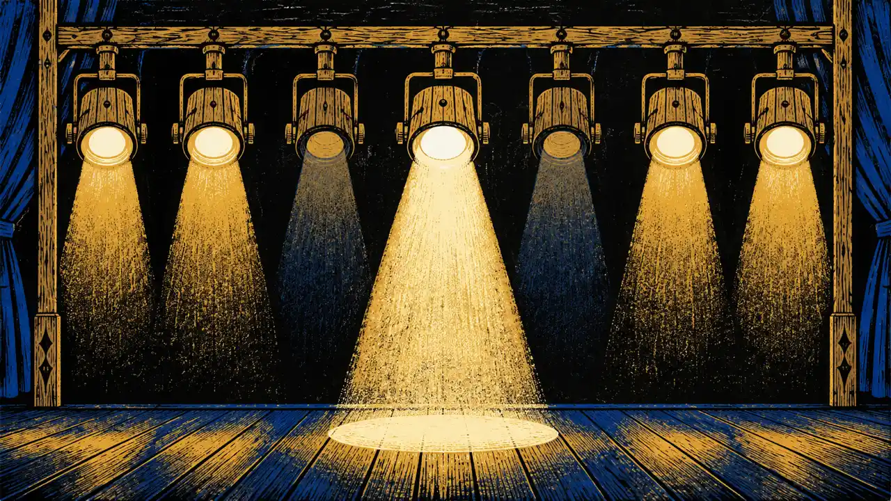 Prepare your narration before ducking music — Stage lights dim around a bright center spotlight to illustrate background sound lowering under a key voice.