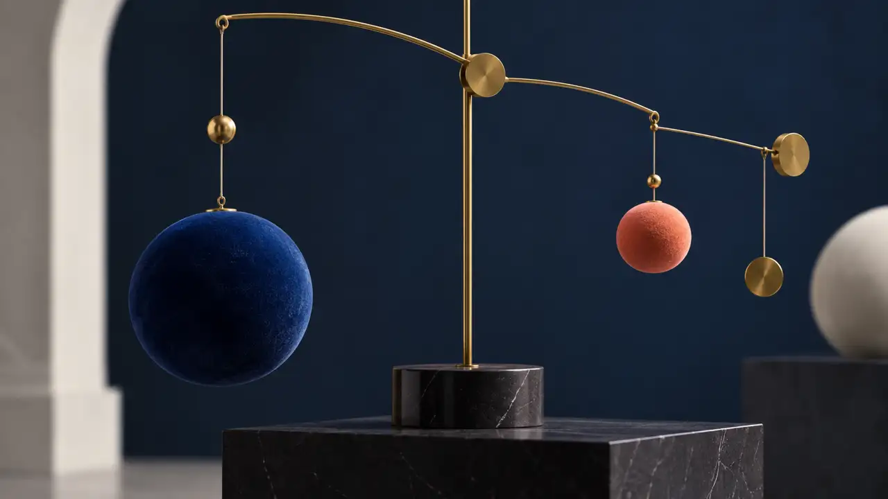 Practical starting settings for ducking — A brass mobile balances a large velvet-blue weight with a smaller coral weight, representing controlled audio balance.