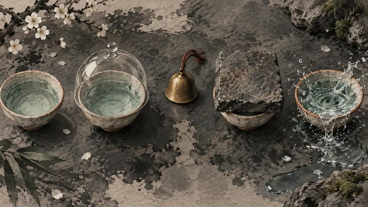Common audio ducking mistakes to avoid — Ceramic bowls, a bell, a glass cover, a heavy stone, and spilled water illustrate over- and under-ducking mistakes.