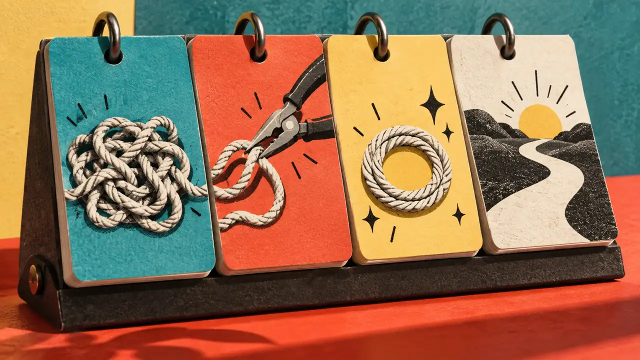 Worked example: a 60-second demo script for a marketing video workflow — A four-panel flipbook moves from a tangled knot to a clear road, representing a product demo script structure.