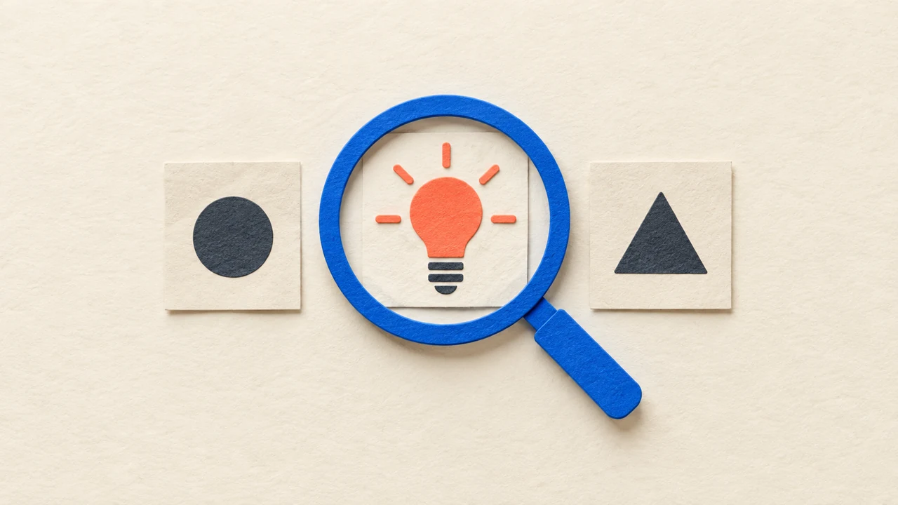 Writing voiceover that sounds natural — A blue magnifying glass reveals a bright benefit icon among abstract product-demo cards.