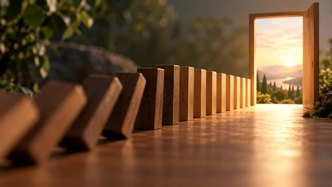 A final checklist before recording — A line of wooden blocks leads toward an open sunlit doorway, representing a focused demo ending and next step.