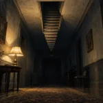 Horror Narration: Scripts, Pauses, and Voice Direction — an impossible staircase rises from the ceiling of a dark hallway lit by a lone brass lamp.