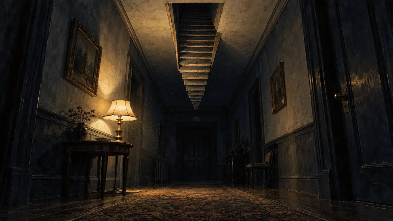 Horror Narration: Scripts, Pauses, and Voice Direction — an impossible staircase rises from the ceiling of a dark hallway lit by a lone brass lamp.