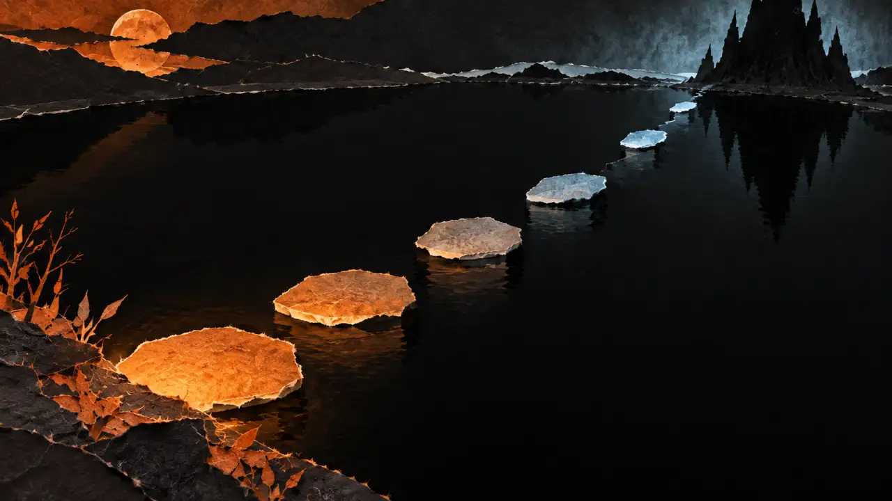 Build tension with pace, contrast, and silence — stepping stones shift from warm and broad to cold and narrow across a dark reflective pond.