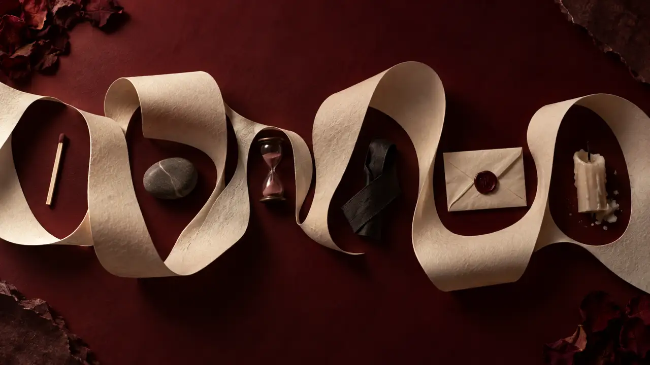 How to mark pauses in a horror script — curled paper strips and small objects visualize deliberate pauses.