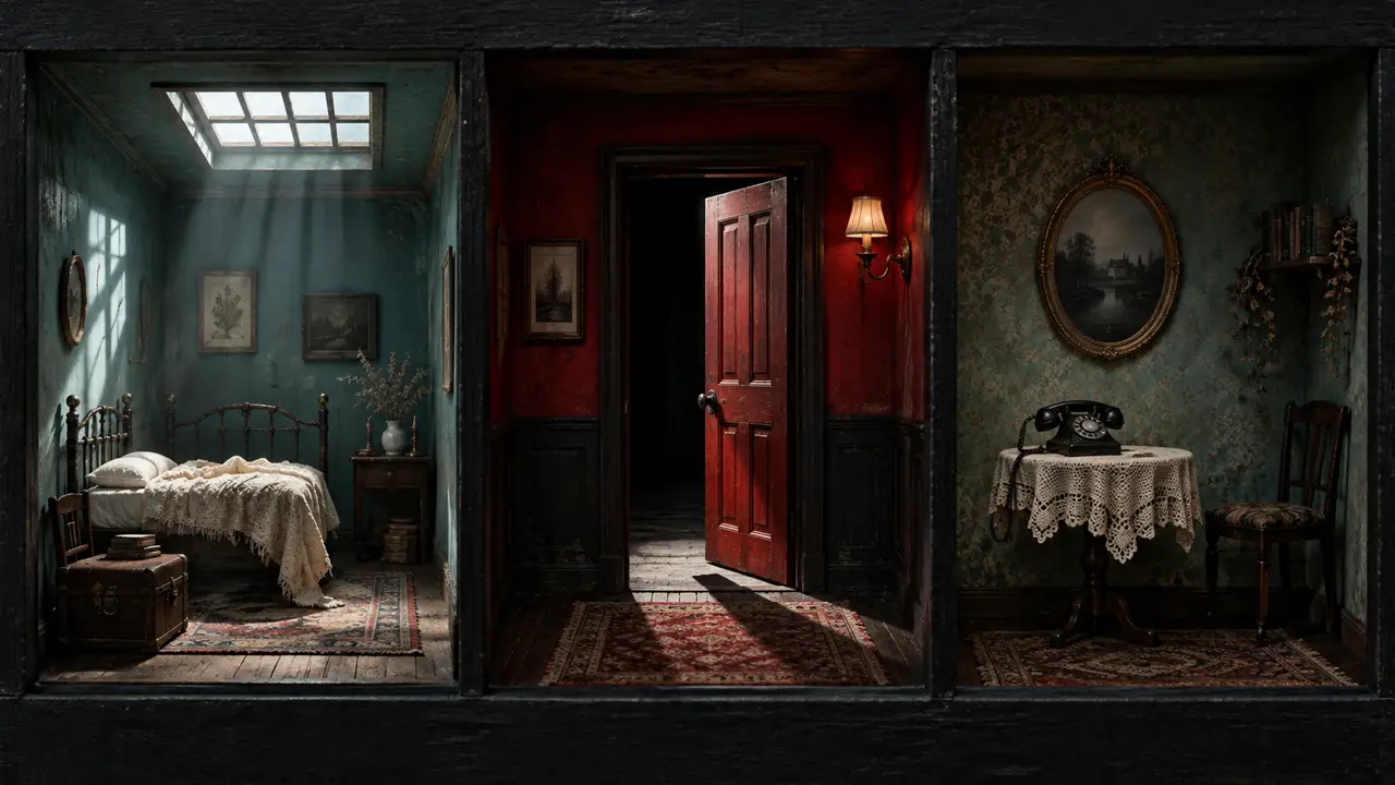 Three original horror narration scripts — three miniature horror-story rooms show a ceiling light, open red door, and silent telephone.