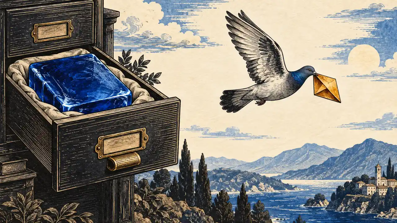 Why MP3 is often better for sharing a voiceover — an archival drawer holds a heavy blue tile while a pigeon carries a light amber parcel.