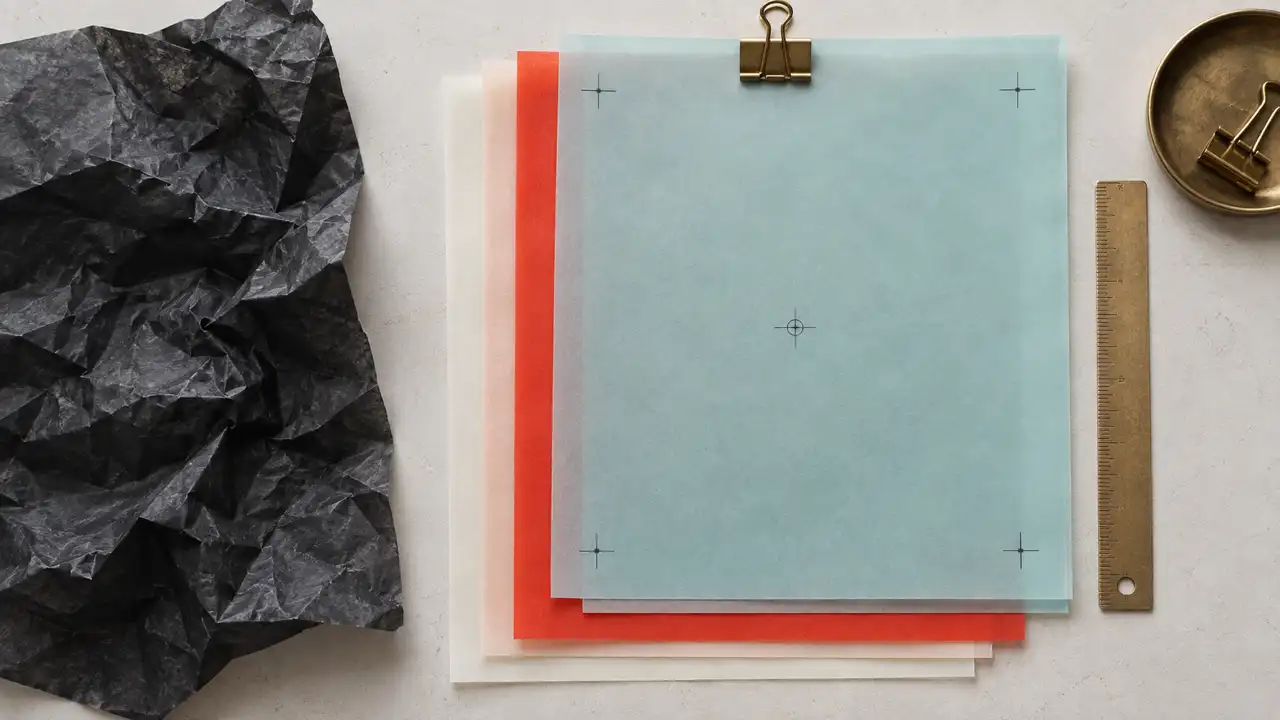 2. Prepare the source script for localization — aligned translucent script sheets contrast with a crumpled dark sheet, representing clean source preparation.