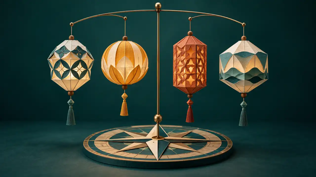 4. Produce and review dubbing or voiceover audio — four paper lanterns balance over a compass rose, representing culturally aware localization review.