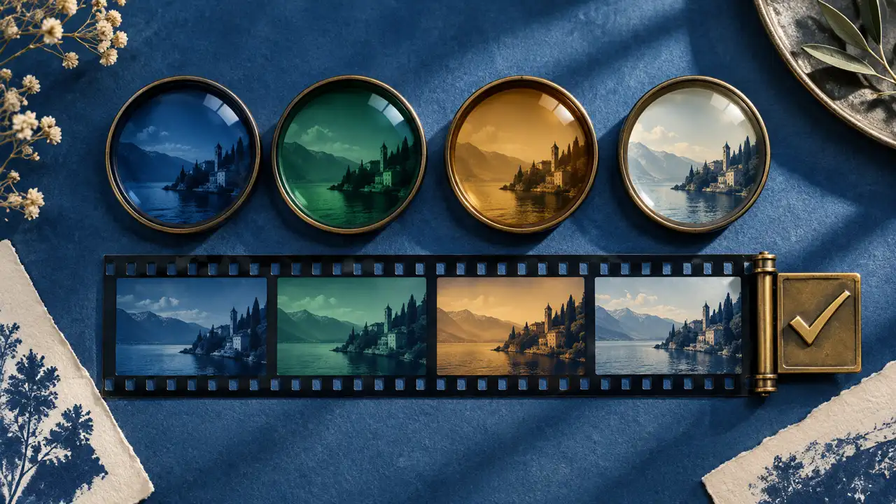 Project QA checklist — colored glass lenses inspect an aligned film strip beside a brass check clasp, representing final localization quality assurance.