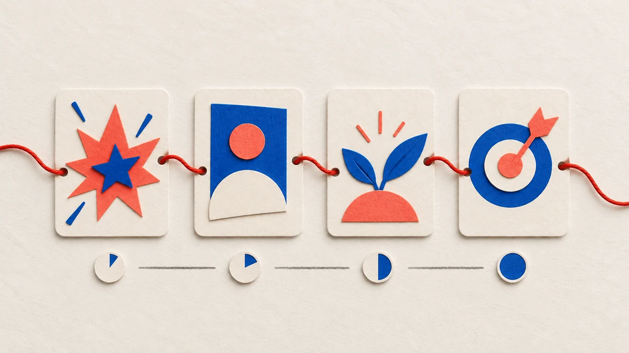 Decide what your trailer needs to accomplish — paper-cut storyboard of a hook, identity, value, and call to action.