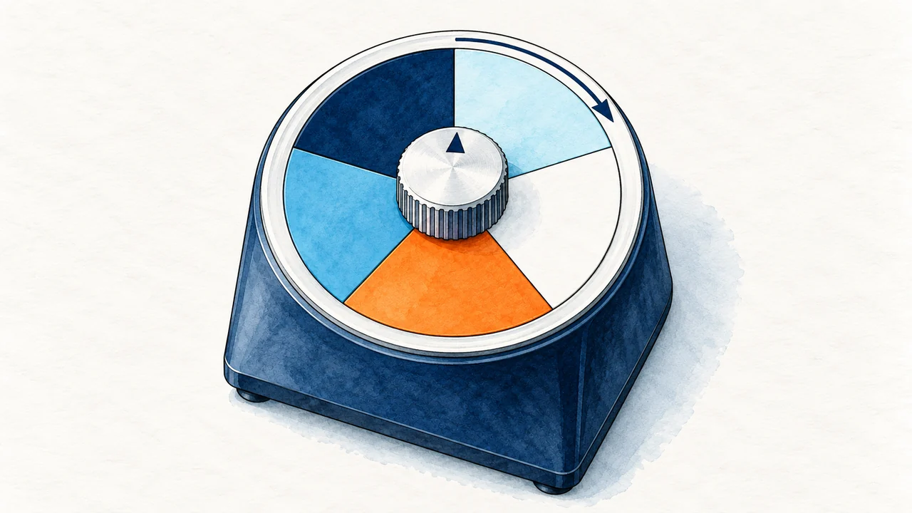 Timing breakdown for a 60-second trailer — watercolor mechanical timer divided into five unlabeled segments.