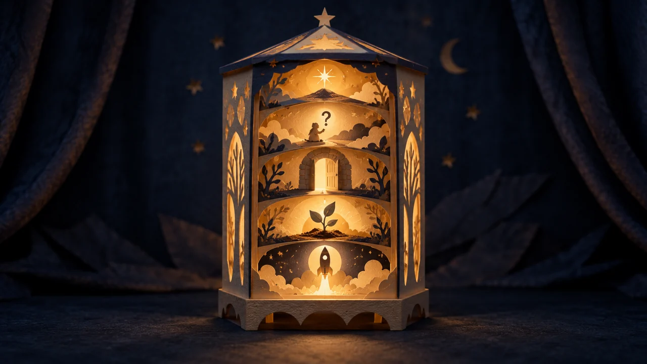 Center-safe paper lantern containing a miniature trailer journey from a question to a launch.